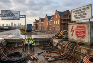 Construction workers in high-visibility vests study technical plans inside a concrete utility trench filled with thick, disconnected power cables, set against a newly built Dutch residential development and grid capacity warning signage.
