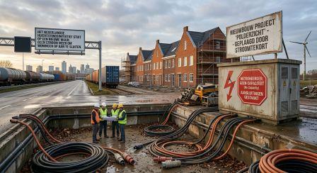 Construction workers in high-visibility vests study technical plans inside a concrete utility trench filled with thick, disconnected power cables, set against a newly built Dutch residential development and grid capacity warning signage.