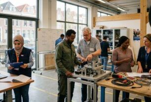 A group of adult newcomers in a Dutch vocational training workshop engaging in hands-on learning with instructors, set against large windows overlooking canal houses.