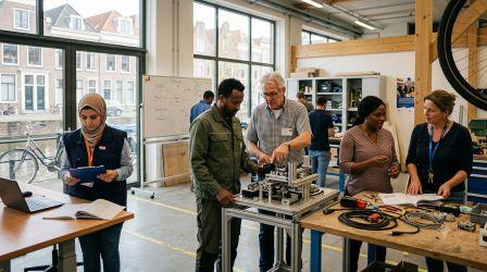 A group of adult newcomers in a Dutch vocational training workshop engaging in hands-on learning with instructors, set against large windows overlooking canal houses.